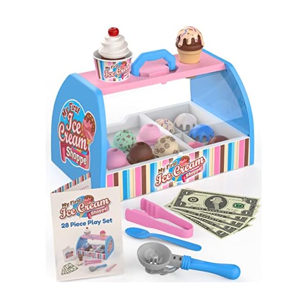 Ice Cream Counter Playset for Kids, Pretend Play (28 pcs) Best Gift for 3 4 5 6 Year Old Girl or Boy, Play Food Scoop and Serve, Toddler Toy