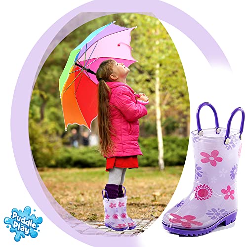 Puddle Play Toddler And Kids Rain Boots With Easy On Handles – Size 7 - Girls Purple Flowers Design #TOP1