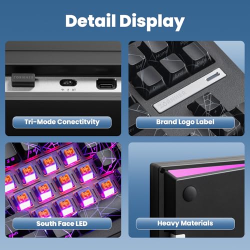 Image of ZORNHER ZH870 Wireless Gaming Mechanical Keyboard,80% Black Custom Creamy Sound Keyboard with Spider Web IMD PC Keycaps,Creamy Sounding Linear Switches,Hot-Swappable,RGB Backlit,2.4GHz /USB-C /BT5.0