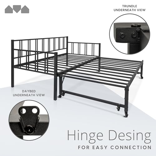 image for Milliard Twin Daybed with Backrest and Pop-Up Trundle Set, Modern Blac