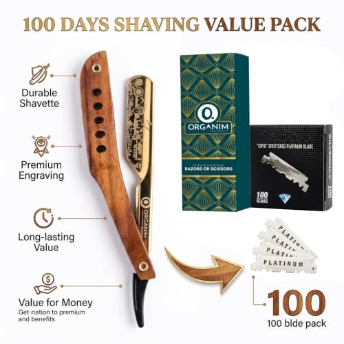 Image of ORGANIM Foldable Straight Razor for Men | Stainless Steel Barber Shaving Razor with Wooden Handle | Professional Sliding Ustara for Men with 100 Blades