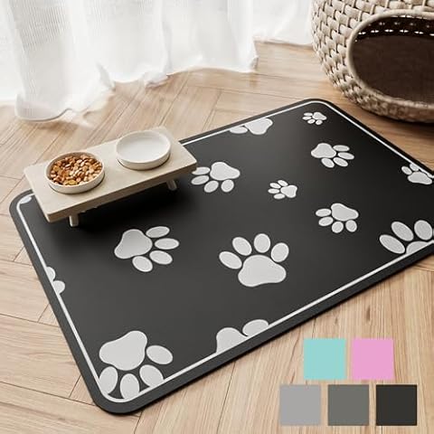 JUCFHY Pet Feeding Mat Absorbent Dog Food Mat No Stains Waterproof Dog Mat for Food and Water, Easy Clean Dog Bowl Mat Puppy Supplies Dog Accessories & Products, Black, 21''×15'' Cover
