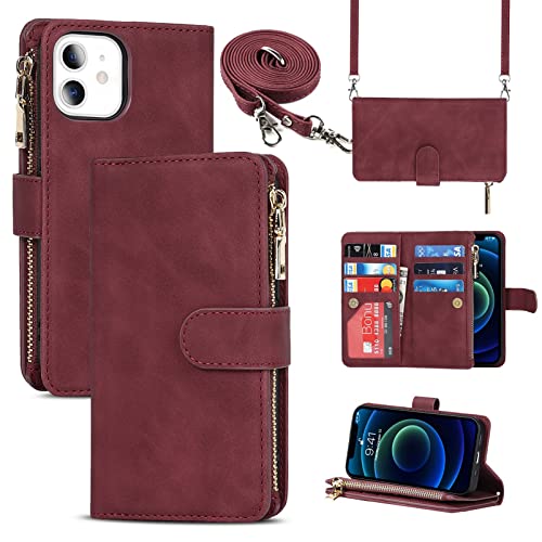 Jaorty Kompatibel mit iPhone 12 Mini Brieftaschen-Hülle, [9 Kartenfächer] Abnehmbare, 5.4 Zoll (13.7 cm), Burgunderrot Cover