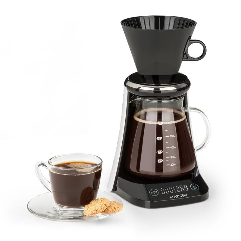 Klarstein Craft Coffee ekspres do kawy z filtrem, zaparzacz do kawy (ręczny proces parzenia Pour Over, kawa smakoszy, waga, timer, szklany dzbanek, nasadka filtra, 600 ml, dotykowy wyświetlacz LED, timer, czarno-biały
