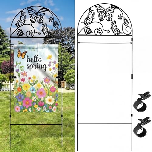 Otoolling Butterfly Metal Garden Flag Holder Stand with 2 snap Clips Holders 15.7 39.4 Inch American Stand Yard Flag Pole Stake Outdoor Yard Patio Lawn Decorative Flagpole Holder Outside