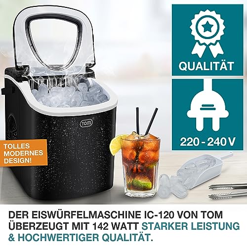 Foto von TOM Eiswürfelmaschine – 9 Eiswürfel in 6-8 min – 12 kg/24 h – 2 Würfelgrößen – Ice maker Eiswürfelmacher mit 1,3 l Wassertank – LED-Display – Inkl. Zubehör & Eiszange als Geschenk – Eiswürfelmaschine