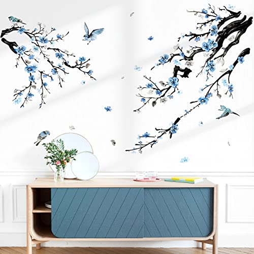 wondever Watercolor Flower Tree Branch Wall Stickers Blossom Blue Floral Birds Peel and Stick Wall Art Decals for Living Room Bedroom - Image 4
