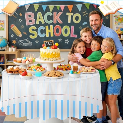 Image of Ganeen 6 Pcs 84 Inch Notebook Plastic Tablecloths Preschool Classroom Party Decoration Round Disposable Table Covers for Back to School Kindergarten Classroom Party Decoration