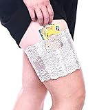 CAREOR Dickes Damen-Strumpfband aus Spitze, rutschfest, verdeckt, Oberschenkel-Strumpfband mit kleiner Geldbörse, Handy-Sicherheitstaschen für Damen, Frauen und Mädchen, weiß, XS