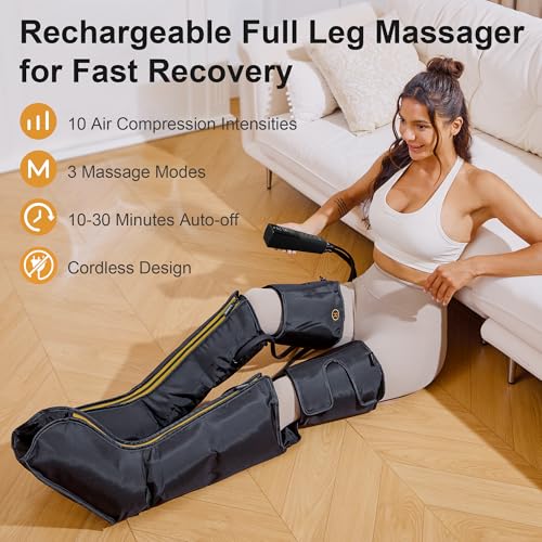 Image of QUINEAR Leg Air Compression Massager, Cordless Foot Calf Thigh Massager with Remote, Rechargeable Leg Massager with 10 Intensities & 3 Modes for Swollen Legs & Muscle Relief, FSA-HSA Eligible