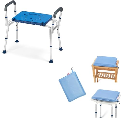 GreenChief Silla de ducha resistente 2 en 1 de 700 libras, banco de baño bariátrico con asiento recortado y cojín GreenChief para ducha impermeable,