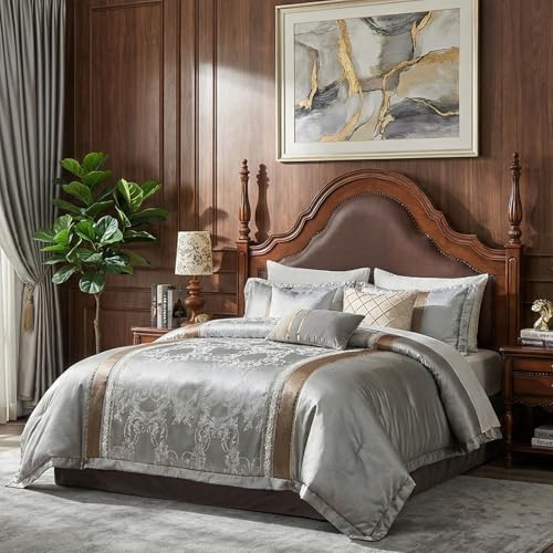 Image of CozyDH Silver Grey Queen Comforter Set - Luxury 7 Piece Light Gray Jacquard Damask Silky Bed in a Bag, Modern All Season Down Alternative Bedding with Bed Skirt, Shams, Decorative Pillows