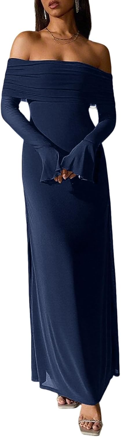 Women Off Shoulder Bodycon Maxi Dress Long Sleeve Mesh Ruched Party Formal Wedding Guest Dresses