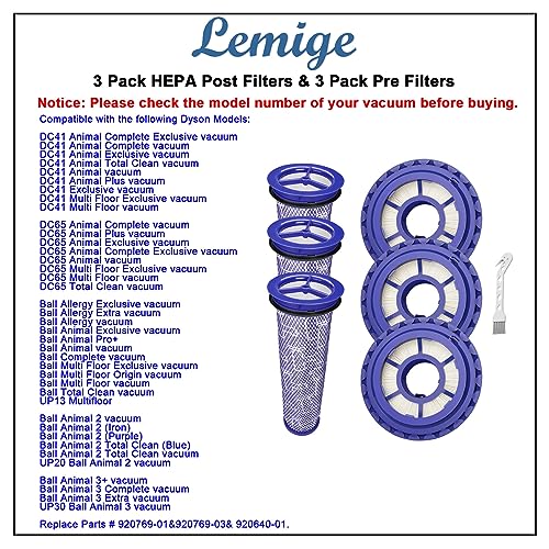 Lemige Replacement Vacuum Filters for Dyson DC41 DC65 DC66 UP13 UP20 UP30 Multi Floor Ball Animal 2 & 3 Vacuums, Part 920769-01&920640-01, 3 Post HEPA Filters & 3 Pre Filters