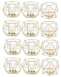 Hewory Geometric Tealight Candle Holders Gold, Modern Metal Geo Wedding Centerpieces for Table, Votive Candle Stand Accent for Tea Light for Home Shelf Mantel Christmas Birthday Party Decor, 12pcs