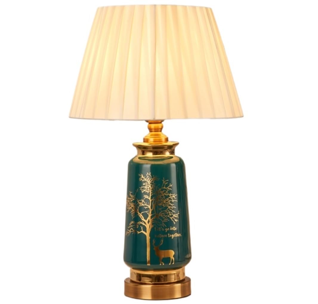AZHKJKZH Table Lamp Glazed Ceramic Bedside Lamp Fabric Lampshade Metal Nightstand For Living Room Bedroom For Home(A)