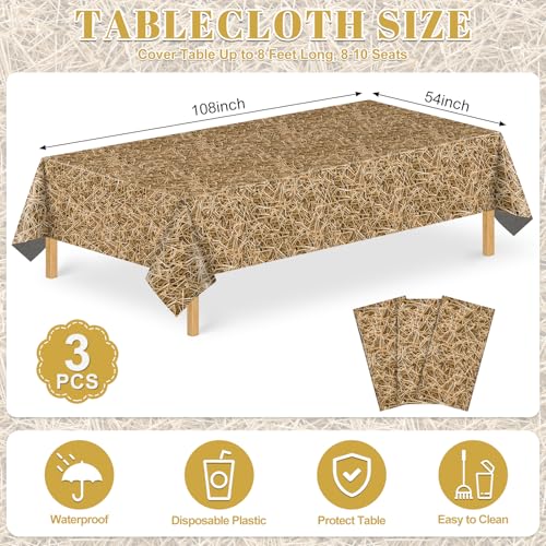 Image of 3 Pack Straw Plastic Tablecloth, 54 x 108 Inch Disposable Farm Hay Tablecloths Waterproof Rectangle Western Birthday Theme Table Cover for Cowboy Western Barn Birthday Baby Shower Party Supplies