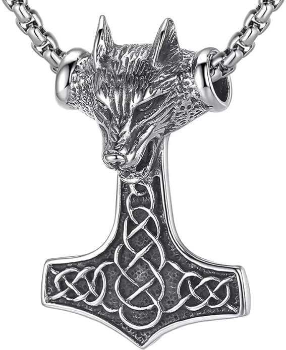 GLAMSHELLStainless Steel Viking Wolf Head Celtic Knot Odin Mjolnir Pendant Necklace with 24 inch Box Chain for Men and Boys