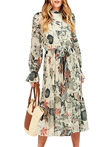 ANRABESS Women's Floral Chiffon Midi Dress Puff Long Sleeve Mock