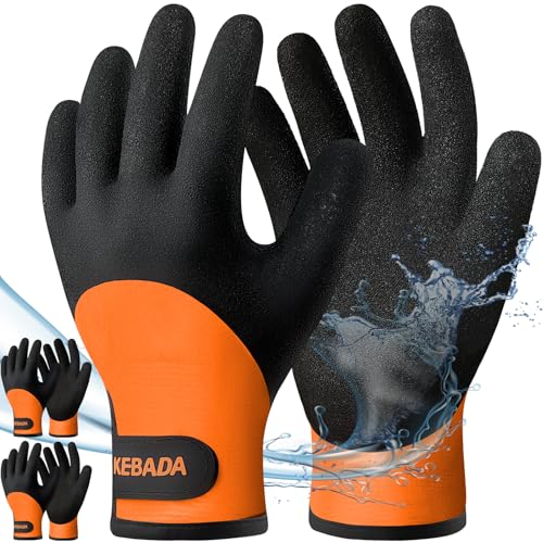 Image of Kebada T2 Waterproof Winter Work Gloves for Men and Women, 2 Pairs, Orange | Small, warm winter working gloves, wrist closure, latex coated, secure grip. Ideal for cold storage, snow removal & outdoor