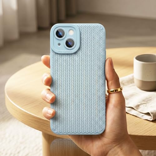 Image of amazon basics Luxury 3D Knitted Texture Soft Silicone Back Cover for iPhone 14 | Slim Fit Shockproof Case with Camera Protection & Non-Slip Grip - Blue
