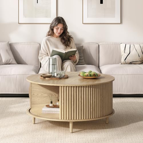 Image of JOINICE 31.5 inch Round Coffee Table with Storage for Living Room, Natural Oak