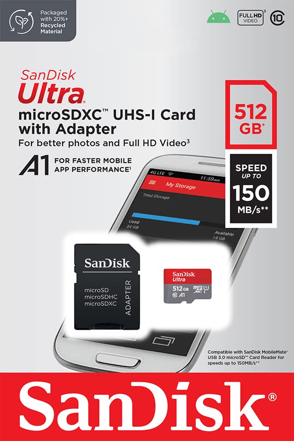 Carte MicroSDXC MicroSD 512 Go Avec Adaptateur, Full HD Et 4K