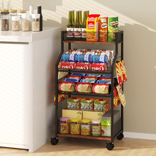 Homsorout Can Organizer for Pantry - Rolling Snack Cart, Multi-Layer Soda Can Organizer for Pantry, Mobile Beverage Storage Rack with Wheels, Versatile Metal Shelf for Kitchen and Office, Black Brown