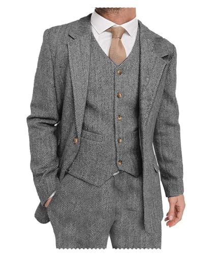 Mens Suit 3 Pieces Formal Tweed Herringbone Dress Suit Prom Tuxedos Groomsmen(Blazer+Vest+Pant)