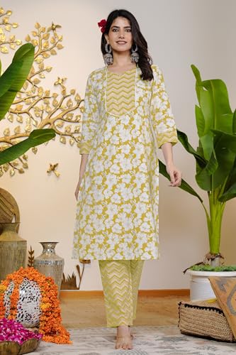 Image of MIRCHI FASHION Women's Straight Fit Pure Cotton Sequins Thread Work Leaf Printed Kurta Set with Dupatta and Trouser