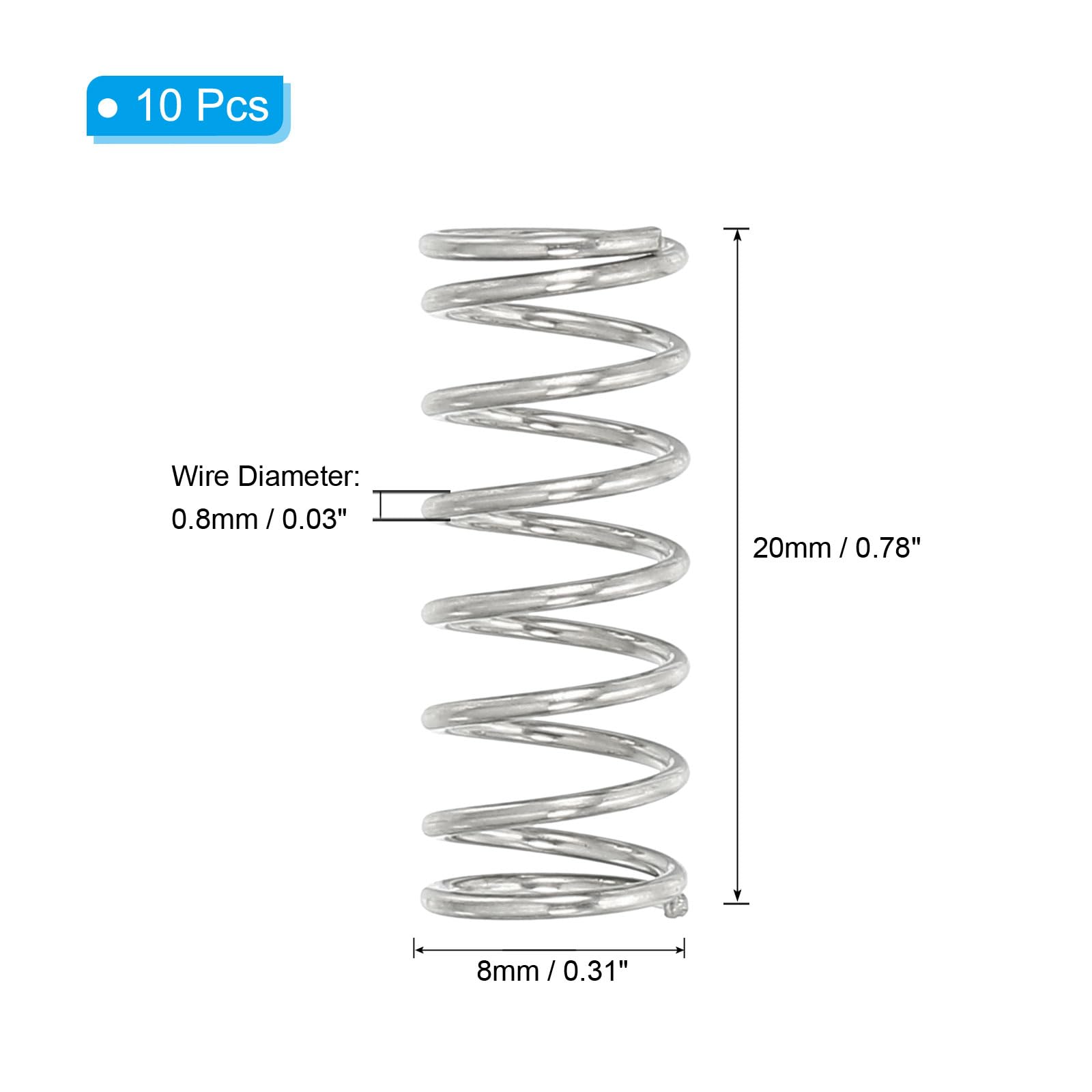 PATIKIL Sprężyna naciskowa, średnica drutu 0,8 mm x średnica zewnętrzna 8 mm x 20 mm dł., 10 szt. 304 stal nierdzewna Mechaniczna sprężyna rozciągana, małe sprężyny do ołówków Zestaw asortymentu do