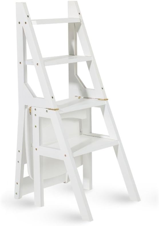 Solid Wood Multifunction Ladder Chair Home Kitchen Dual-use Folding Stairs Chair Moveable 4 Steps Ladder Ascending Stool (Color : White)