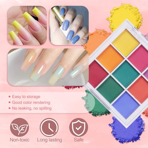 Image of 9 Colors Nail Pigment Powder Palette Set, Pigment Powder for Nails and Nail Art Sponges with Grabbing Pen, Pigmentos para Unas, B
