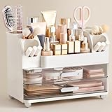 HBlife Makeup Organizer for Vanity with Brush Holder, Large Bathroom Countertop Cosmetic Organizer Skin Care Storage, Easy to Store Lipsticks, Nail Polishes, Perfumes, Eyeshadow Palettes, White