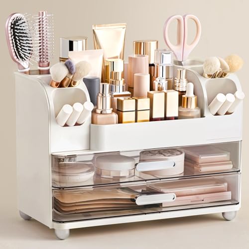 hblife Organizer Trucchi, Porta Trucchi Organizer con Cassetti, Porta Pennelli Make Up, Scatola Cosmetica di Plastica 3-in-1, Scatola di Stoccaggio di Trucco Bianco + Trasparente