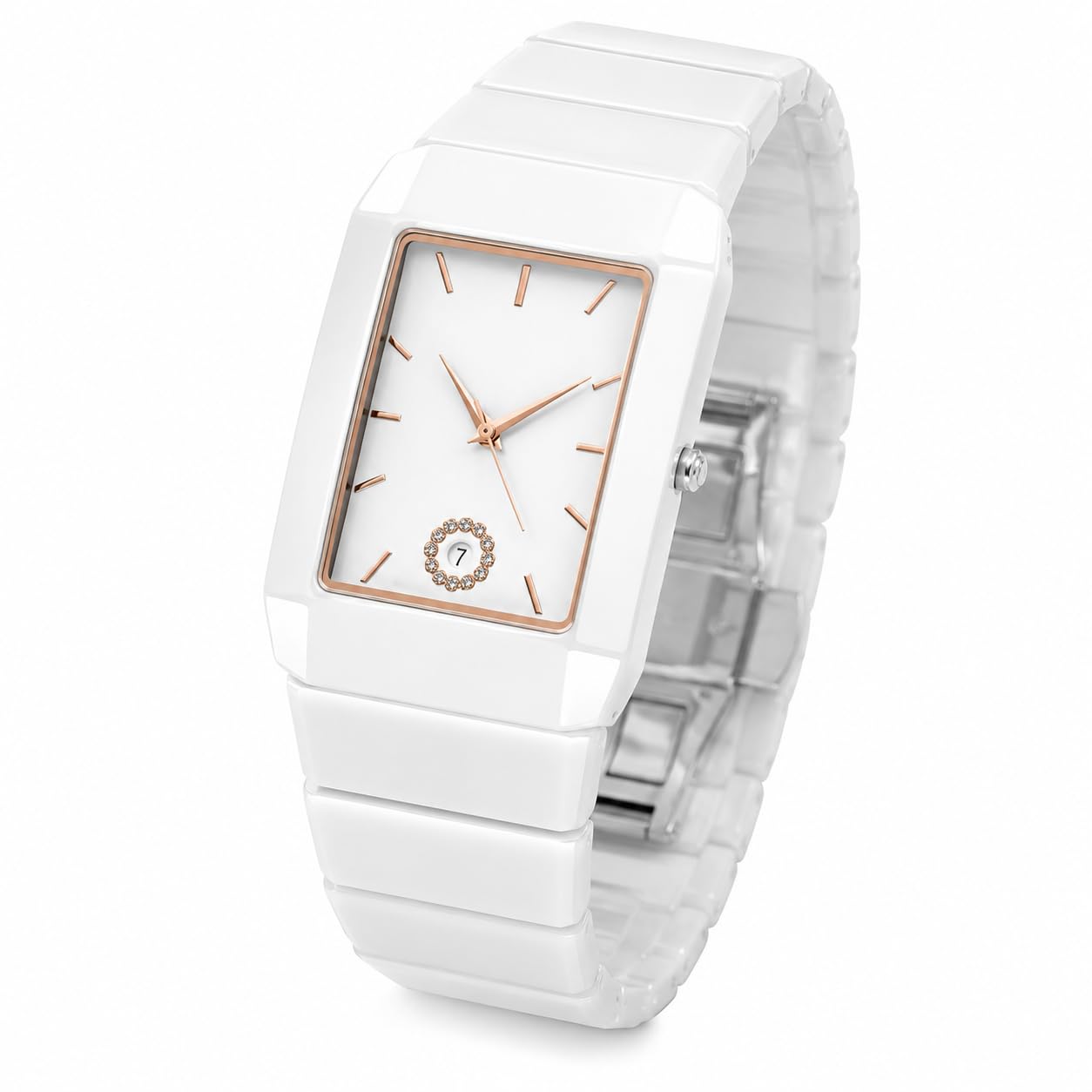 Watches for Men Analog Watch with White Ceramic Look Strap, Rectangular Wrist Watch, Rose Gold Tone Dial with Date Display, Luxury Watch, Premium Hand Watch for Daily Office Casual Gift-image-5