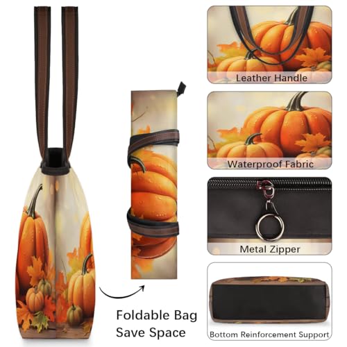 Large Tote Bag For Women Fall Maple Pumpkin Work Cloth Bags With Zipper Reusable Grocery Hand Bags Casual Travel Overnight Tote Purses Fit Travel,Work, Vacation,Beach, Shopping,Gifts4