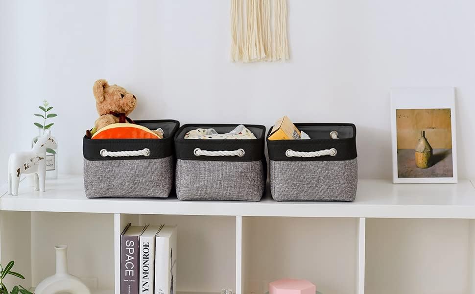 Miniatura 8 de TheWarmHome - Cesta de almacenamiento para organizar - paquete de 3 contenedores medianos plegables de 14x10x7 pulgadas para estantes con cuerda,