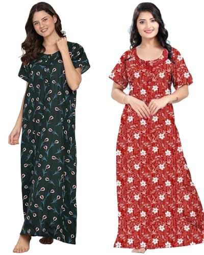 Image of Women Cotton Nighty Combo Pack of 2, Printed Maxi Nighty Gown, Short Sleeve Cotton Nightdress, Soft Breathable Ankle Length Sleepwear Nightwear for Ladies, Free Size