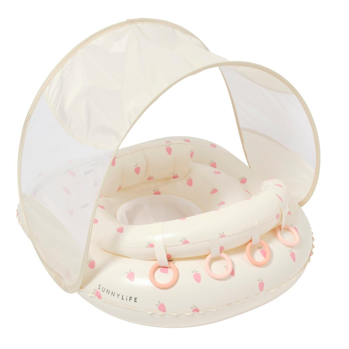 Photo 1 of SUNNYLiFE Baby Float with Canopy — UPF40 Infant Pool Float, Adjustable Fabric Seat, 4 Silicone Play Rings | 6-12 Months - Strawberry Sunshine Pink