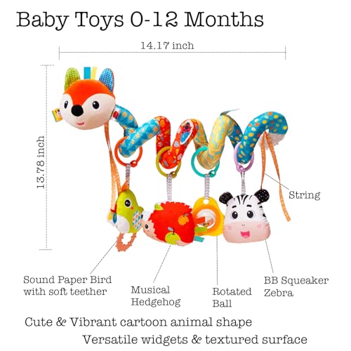 Image of Baby Car Seat Toys, Infants Spiral Fox Plush Toys for Babies 0-6 Months | Hanging Stroller Toy for Infant Boys and Girls 0 3 6 12 Months Newborn Sensory Gift Toy with Rattles Squeaker Music Teether