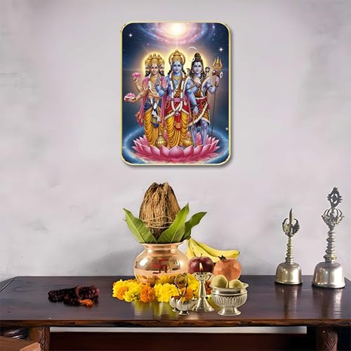 Image of SAF Harihara Trimurti Wall Art with Table Top Stand & Wall Hanging Hole | Lord Vishnu Brahma Shiva MDF Religious Painting for Mandir Home Decor