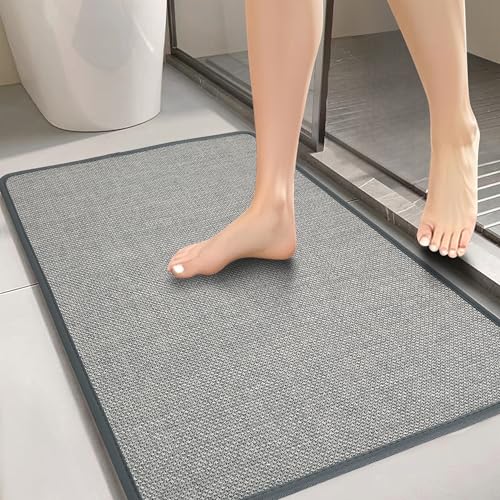 Bathroom Rugs, Bath Mats for Bathroom Non Slip Washable, Quick Dry, Water Absorbing, Fits Under Door, Ultra Thin, Rubber Backing, Low Pile, Cozy Cloth Cotton, Ideal for Shower, Sink-Grey 24''x16''