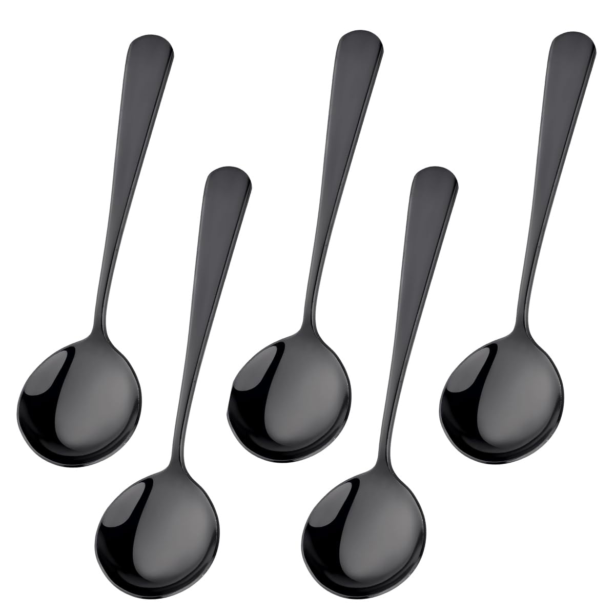 6.3 Inch Soup Spoons, Food-Grade Stainless Steel Round Spoon & Teaspoons Set, Durable Metal Dessert Spoons, Dishwasher Safe Silverware for Home & Restaurant (5, Black)