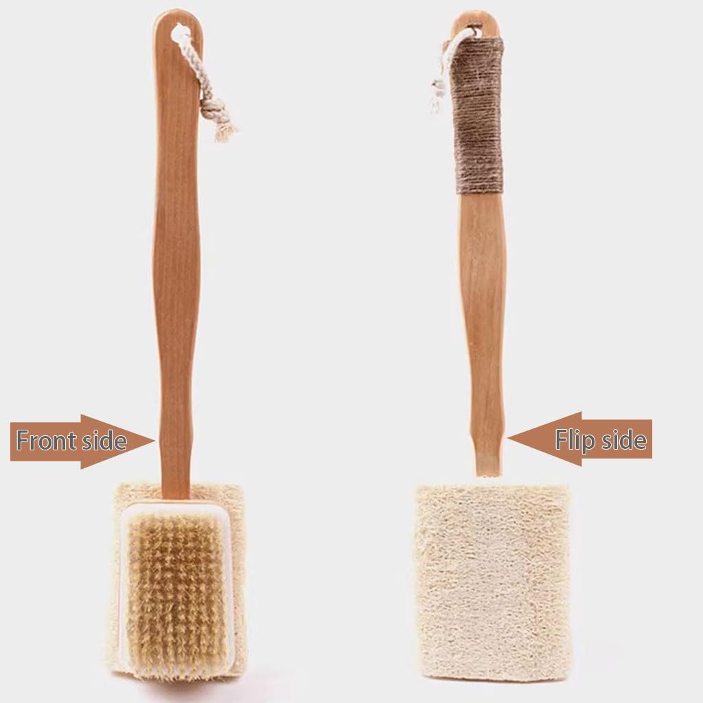 Doppelseitige Körperbürsten mit natürlichen Borsten aus Haar und Luffa, Badebürste aus Holz, reinigt den Körper leicht, rutschfeste Hautbürste mit Bindfadengriff(42 * 9cm*2)