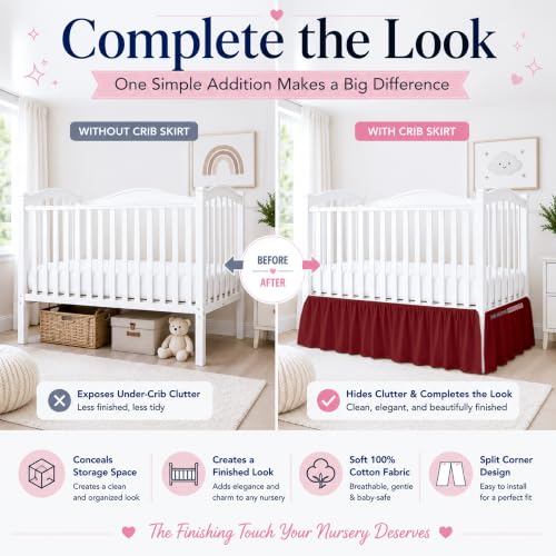 Image of Cotton Crib Bed Skirt Dust Ruffle with Split Corners, 14 inch Drop, Burgundy | Nursery Standard Crib Bedding Bed Skirt for Baby Boys and Baby Girls. Hides Under-Crib Storage for a Neat Appearance