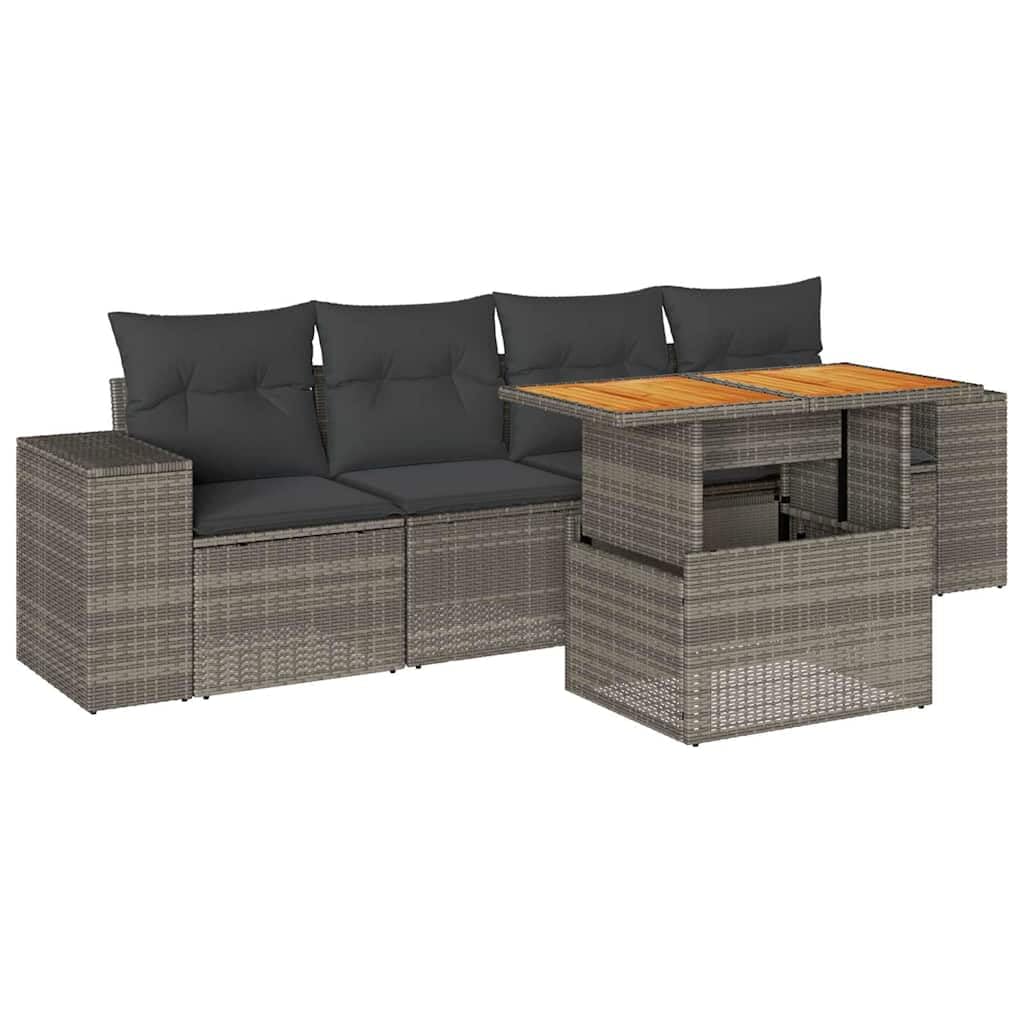 Salon de jardin résine tressée 5 pcs gris modulable avec coussins d'assise