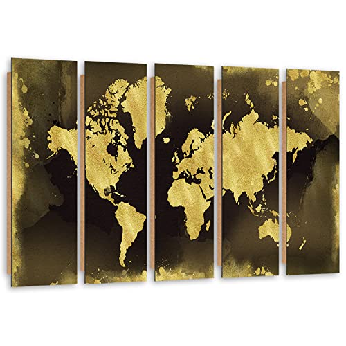 Feeby Modernes Bild 100x70 cm Weltkarte Kontinente 5 Paneele Design Deko Wand Aesthetic Höhenlinienkarte Abstrakt Gold Cover