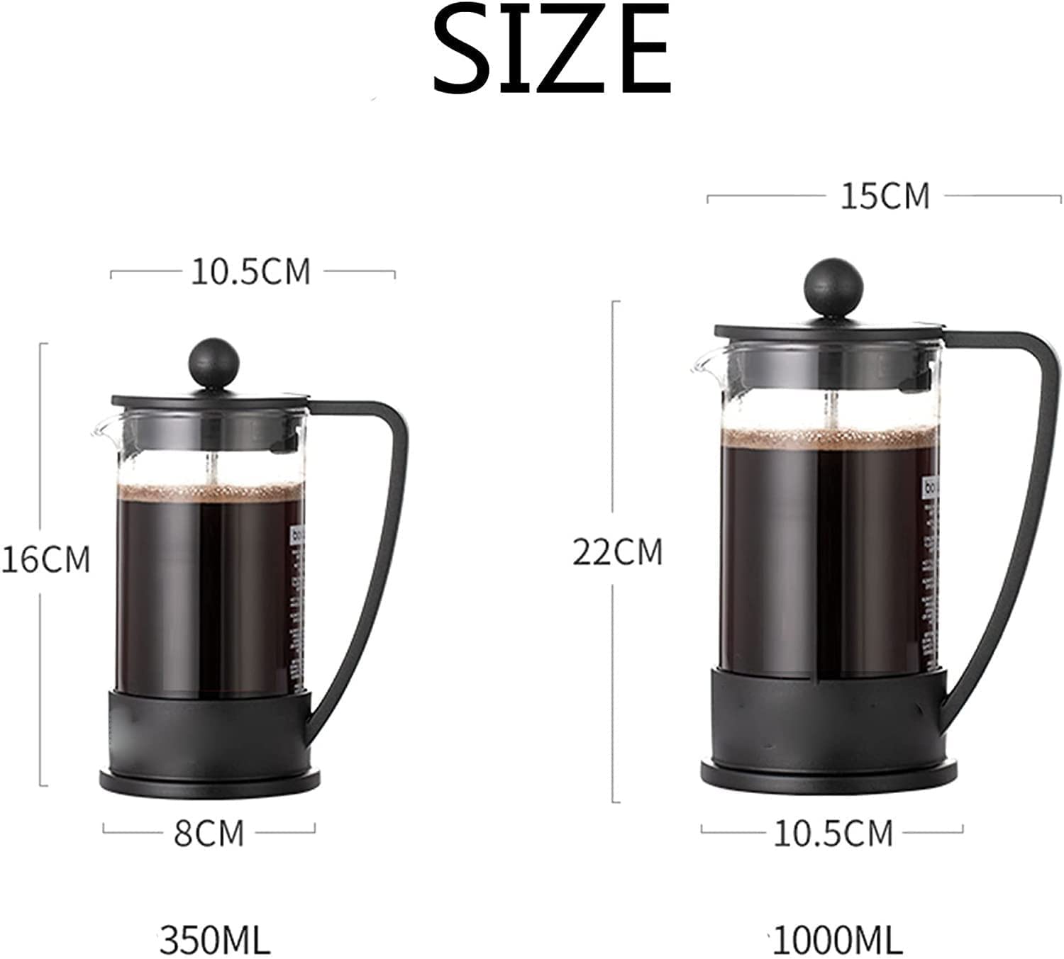 Cafetera de prensa, prensa de café, cafetera, cafetera, cafetera y tetera, pantallas de filtro de prensa de café de vidrio de borosilicato espesado, sin óxido y aptas for lavavajillas, fácil de limpia