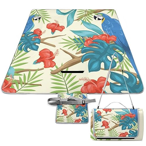 Tropical-Leaves Birds Print Picnic Blanket Waterproof Foldable, Large Outdoor Picnic Blanket Beach Blankets Camping Blanket Travel Mat, Shoulder Strap Tote, Rectangle 58x58in